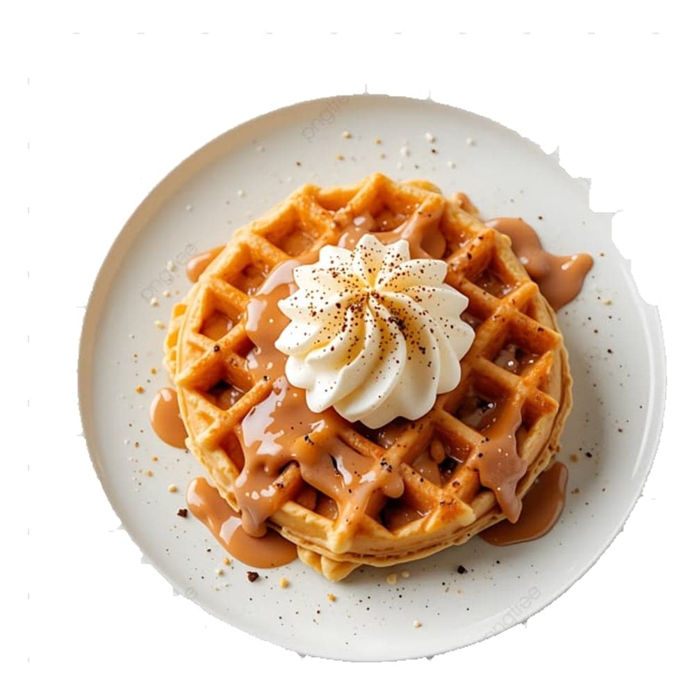 Golden Belgian waffle topped with whipped cream