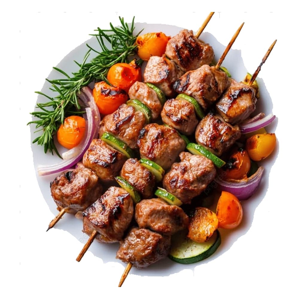 Grilled beef skewers with peppers, onion, tomato and fresh herbs