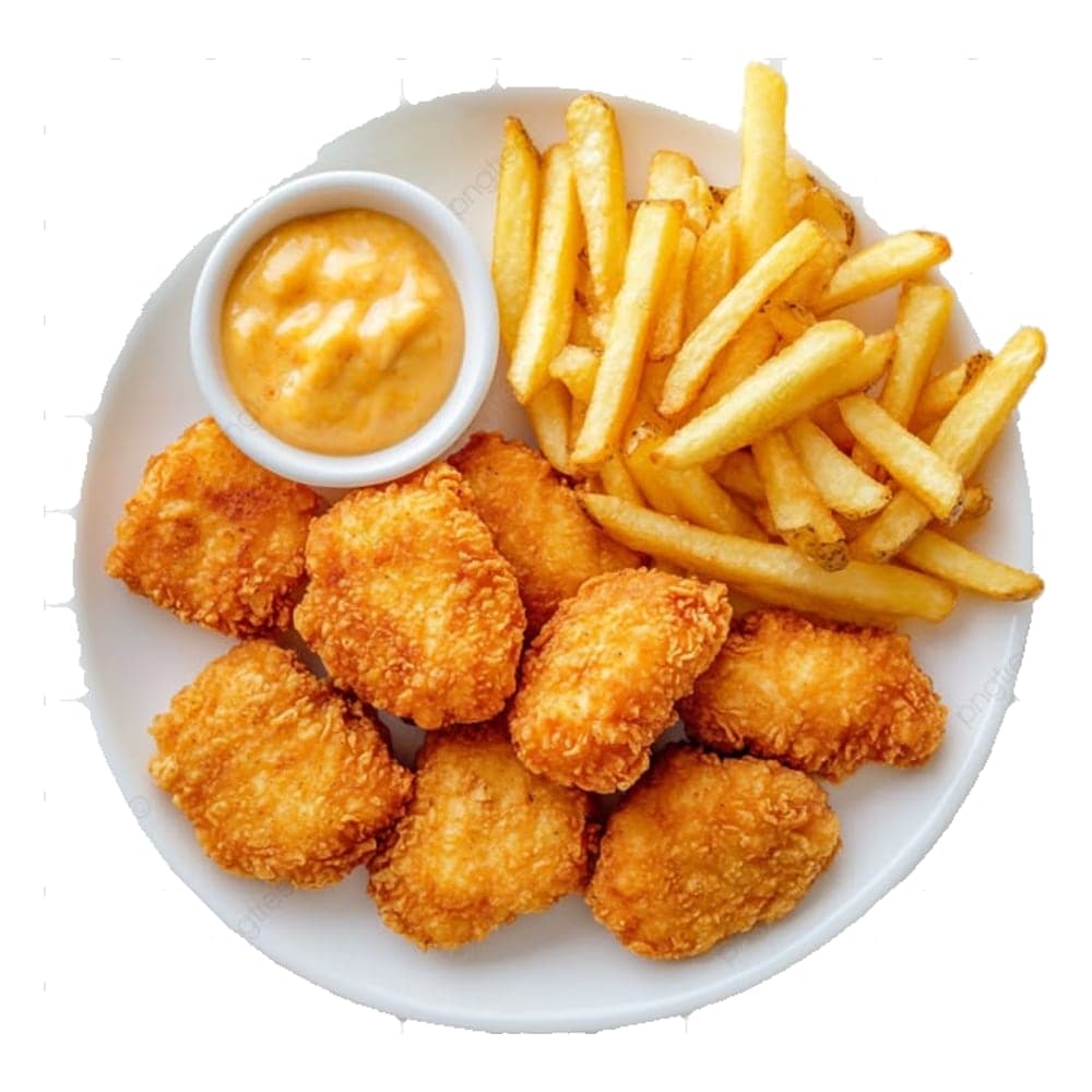 Crispy chicken nuggets with French fries and creamy dipping sauce