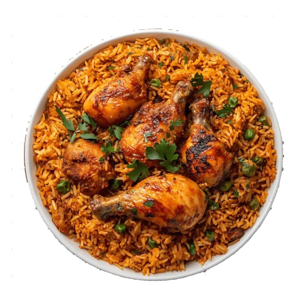 Chicken biryani with spiced basmati rice and whole chicken pieces
