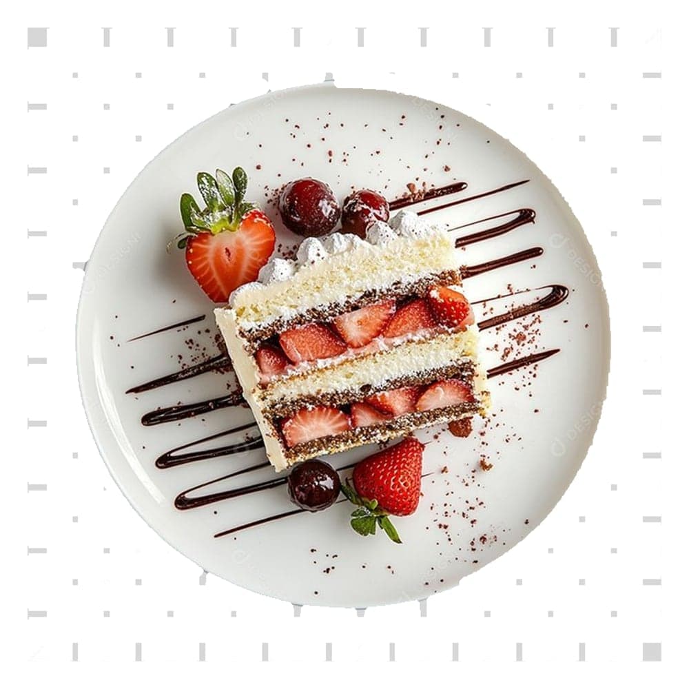 Layered vanilla cream cake with strawberries, berries and berry sauce