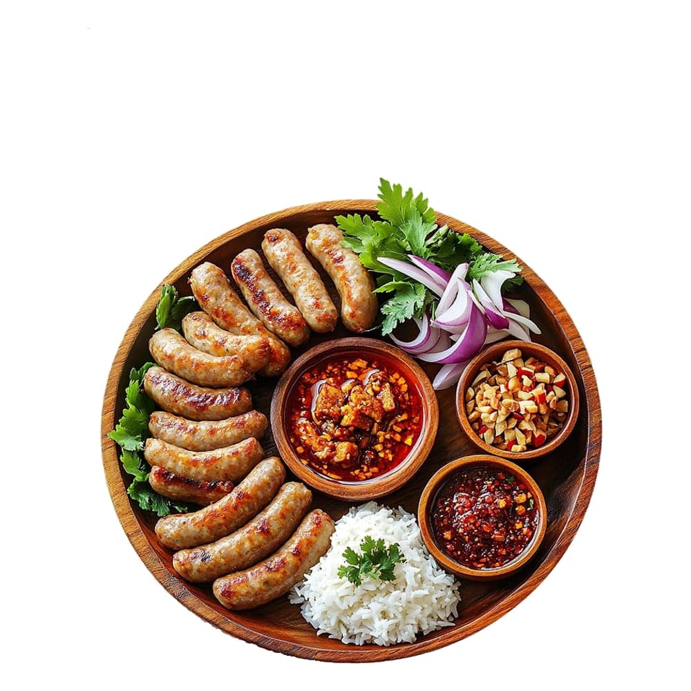 Grilled sausage platter with rice, sliced onion and spicy dipping sauces