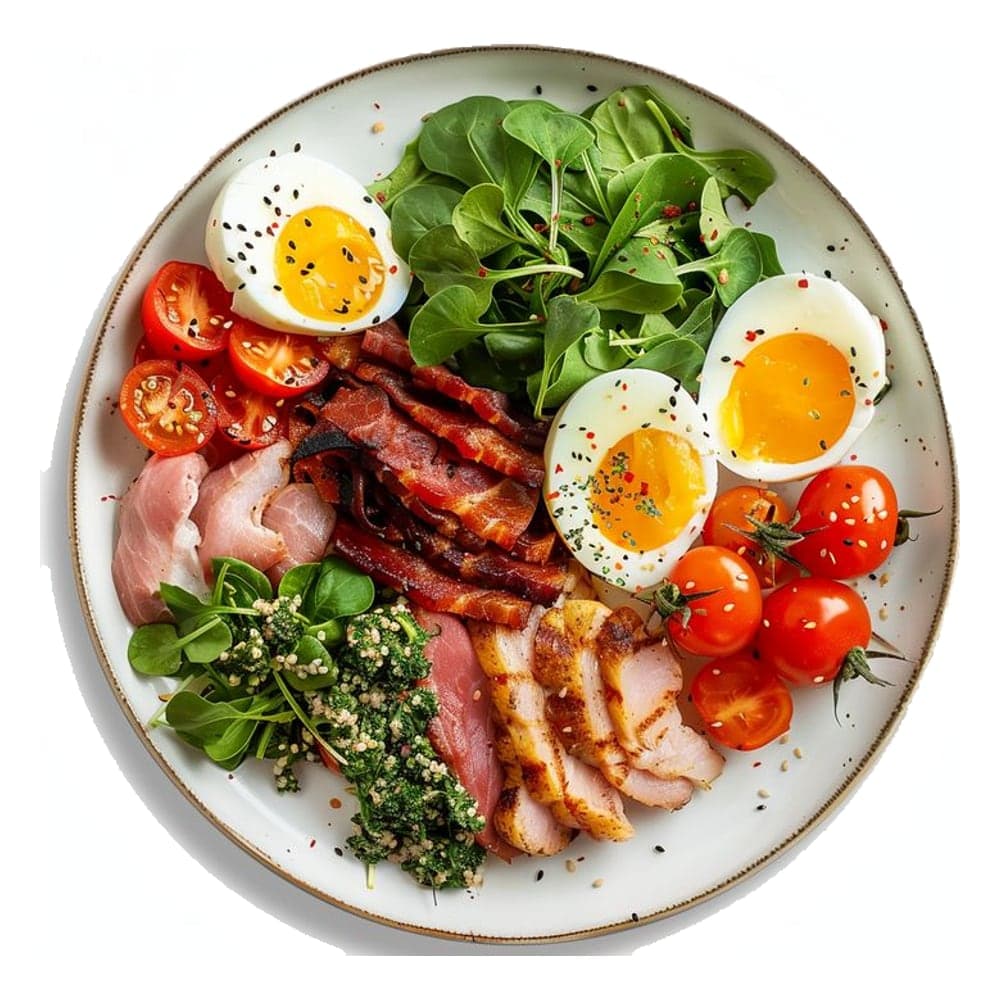 Breakfast plate with bacon, fried eggs, greens, tomatoes and avocado